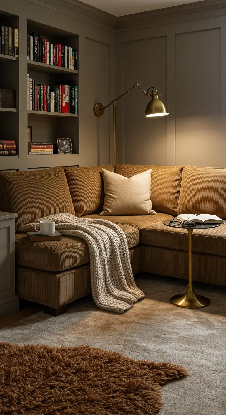 Bruine ribfluwelen hoekbank met dikke plaid, zacht tapijt en leeslamp in een knusse setting.