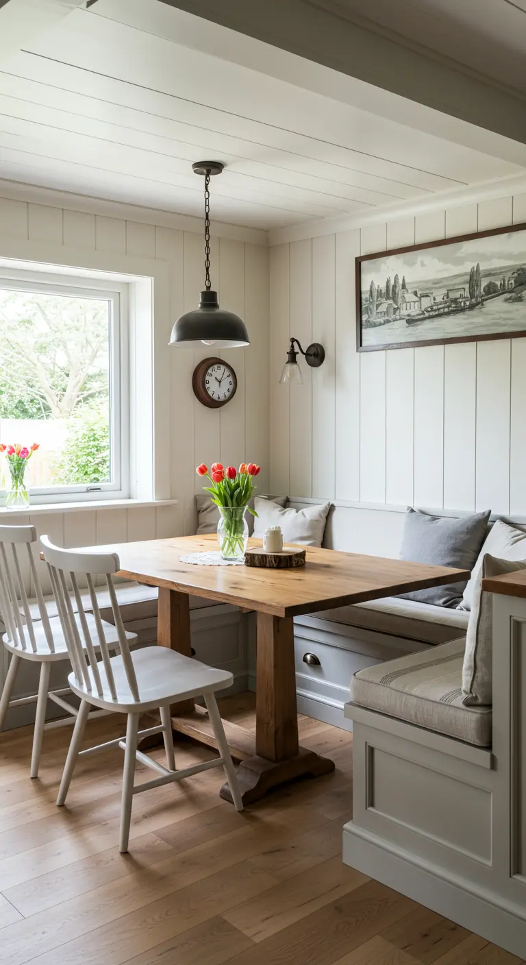 Landelijke eethoek met ingebouwde bank, houten lambrisering en houten tafel bij raam.
