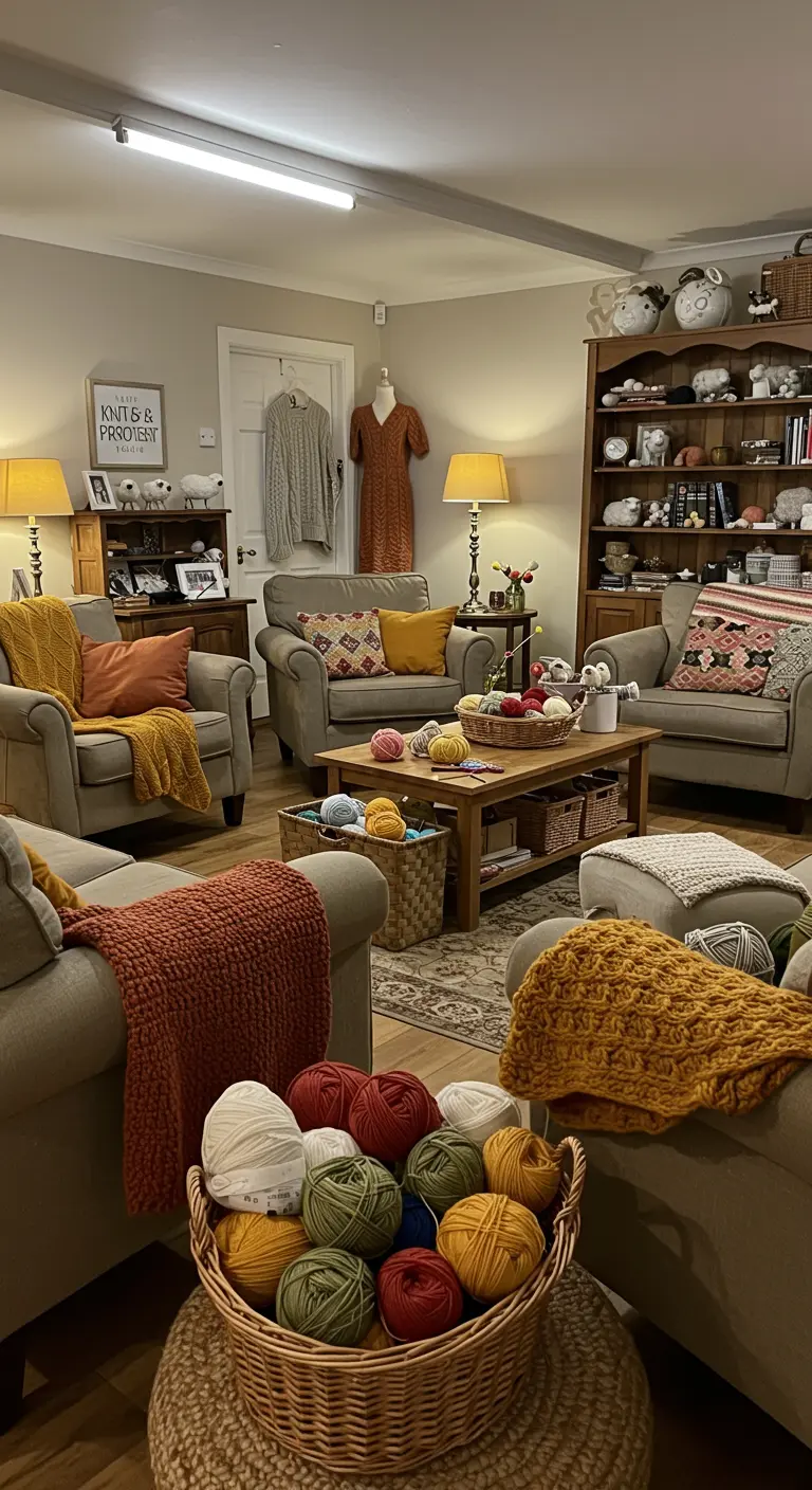 Gezellige woonkamer met fauteuils, manden vol wol en breiwerk, klaar voor een handwerkclub.