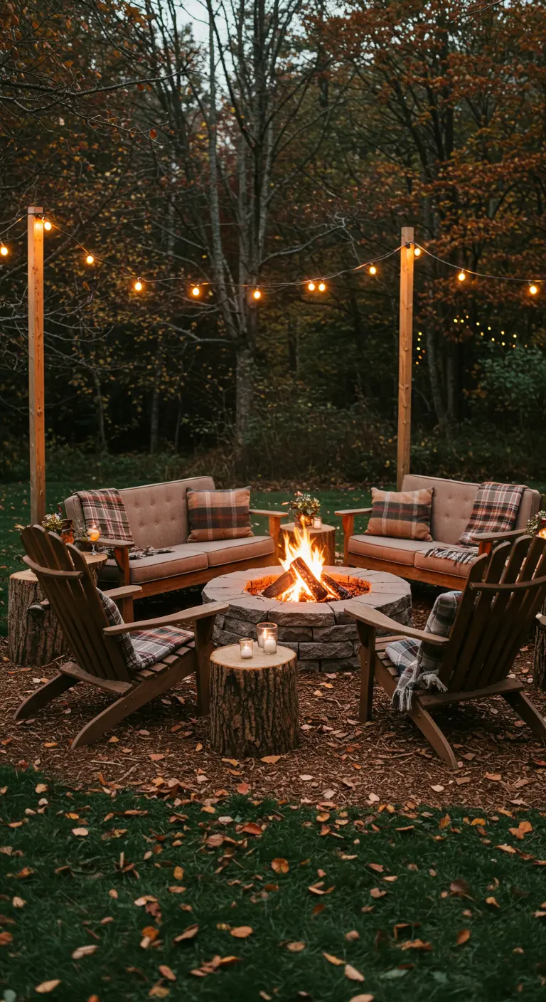 Gezellige lounge rond een vuurkorf met houten meubels, plaids en lichtslingers.