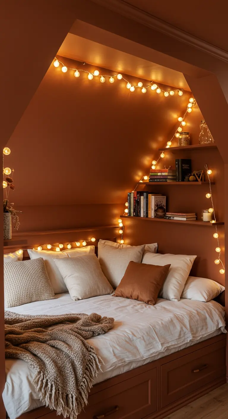 Knusse bedhoek met terracotta muren en een lichtsnoer.