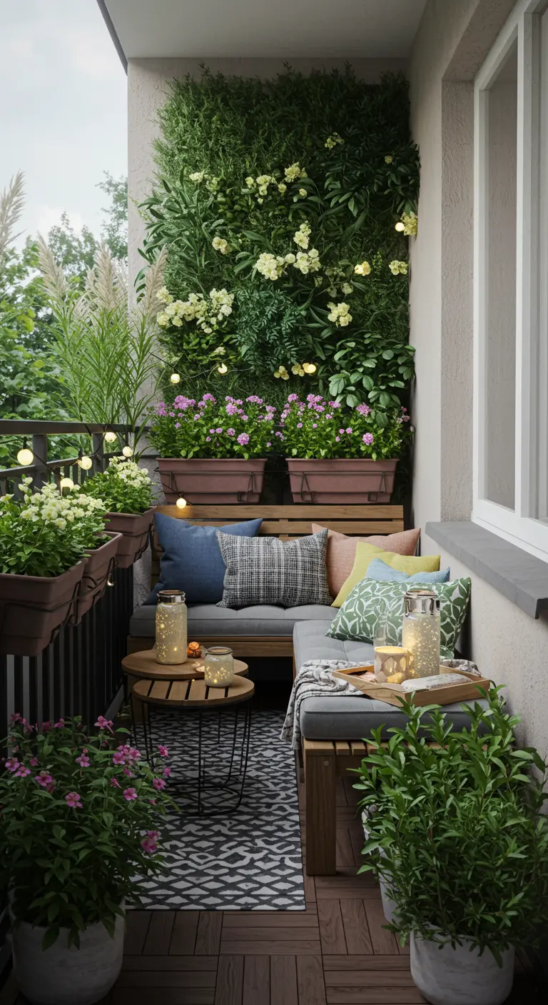Balkon met hoekbank, veel kussens, rond tafeltje en een volle groene plantenwand.