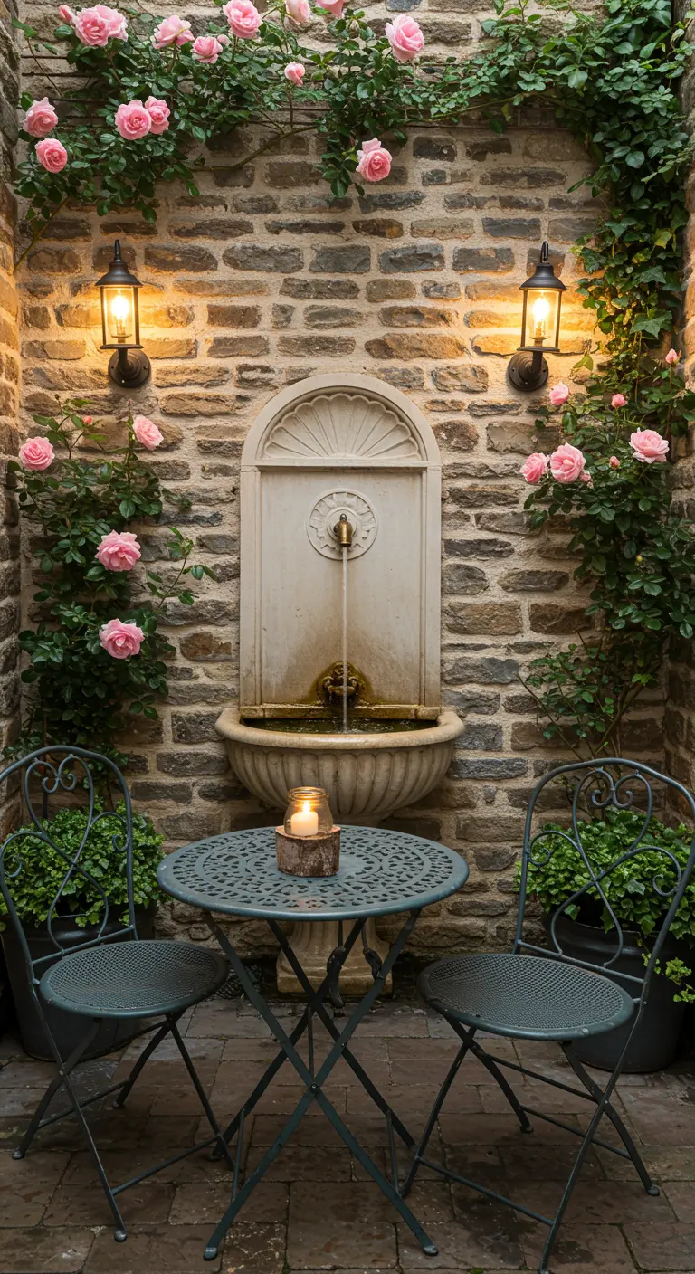 Kleine binnenplaats met klassieke muurfontein, bistroset en klimrozen.