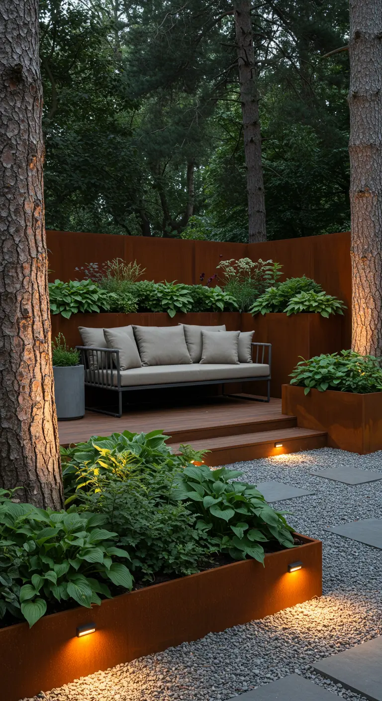 Schaduwrijke zithoek met cortenstalen bakken, hosta's, houten vlonder en bank.