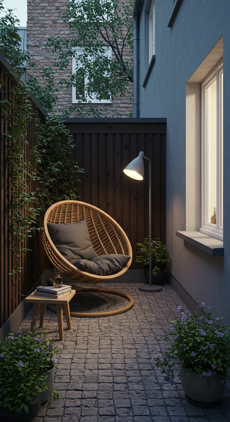 Rotan ei-hangstoel met grijs kussen in een knusse, betegelde stadstuin met staande lamp en klimop.