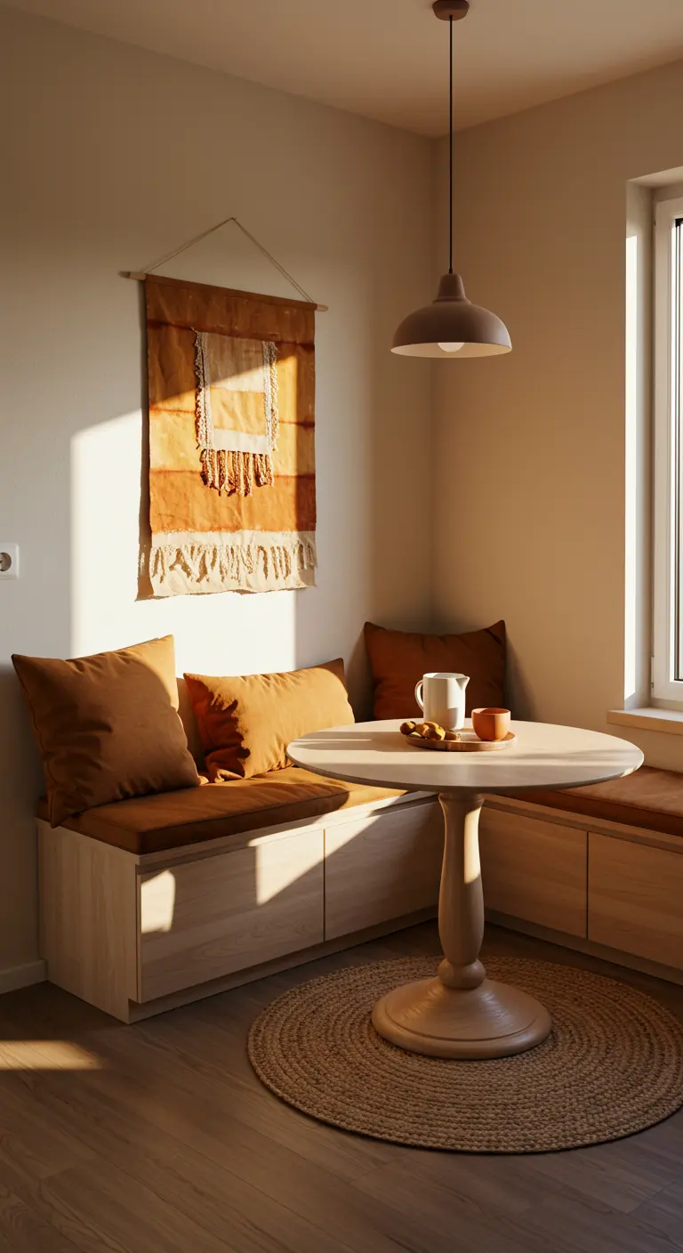 Knusse eethoek in nis met warmgeel wandkleed, ronde tafel en rond jute kleedje.