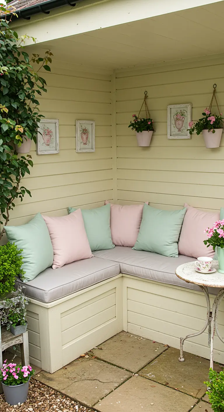Buiten hoekbank met mintgroene en roze pastel kussens, hangende bloempotten.