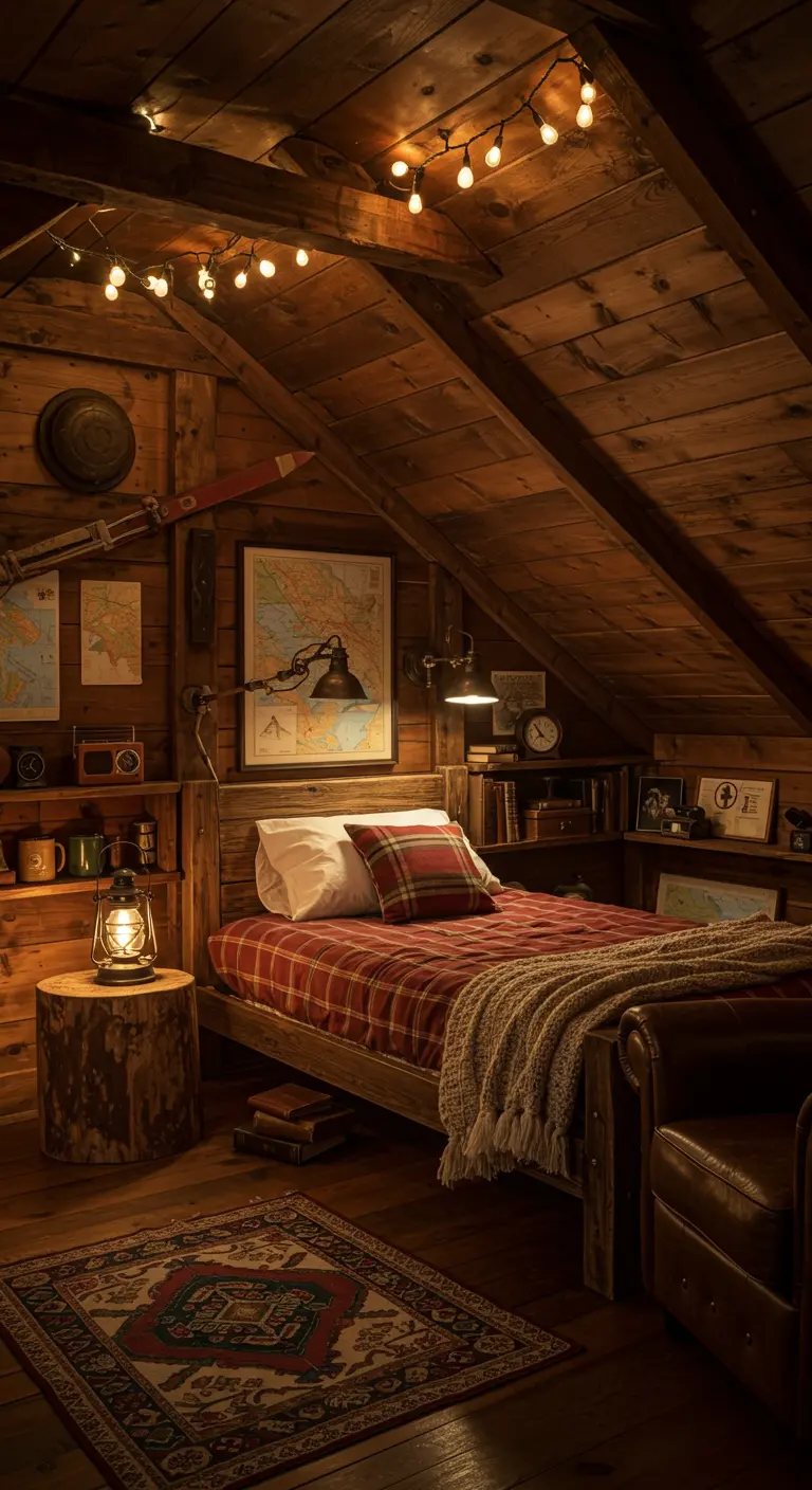 Knusse slaapkamer in houten hut stijl met geruit dekbed, landkaarten en sfeervolle lampen.