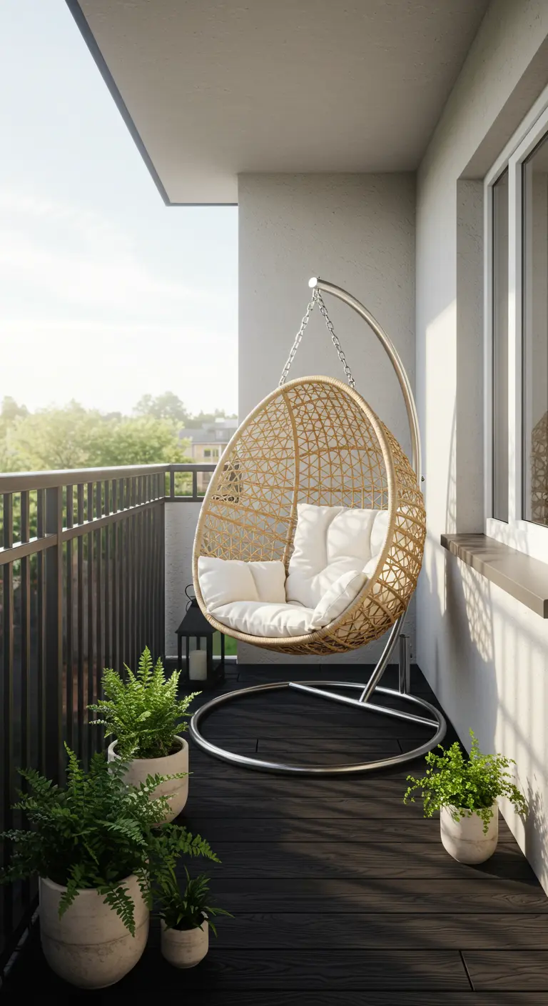 Rotan-look hangstoel met metalen frame en witte kussens op een klein balkon met planten.