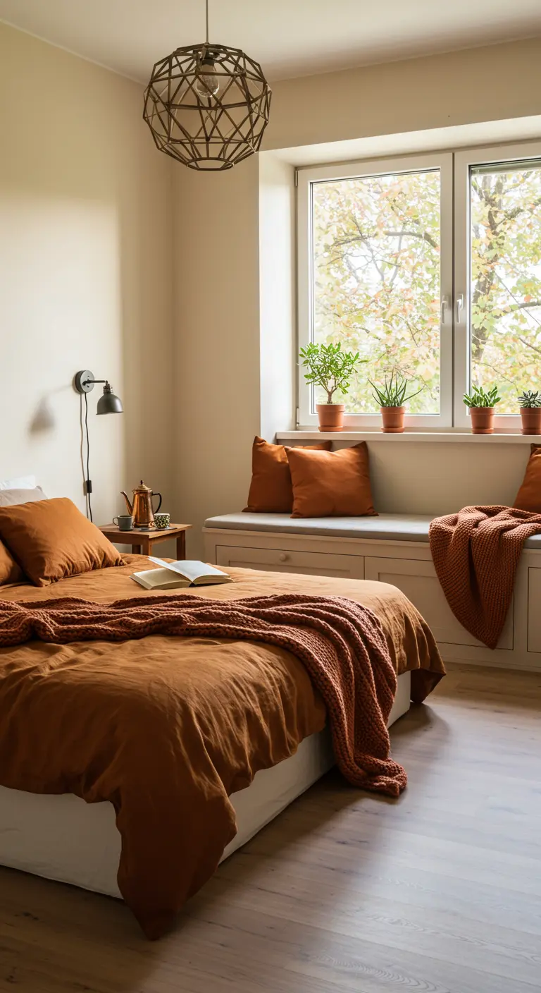 Slaapkamer met knusse leeshoek bij raam, oranje kussens, planten en thee.