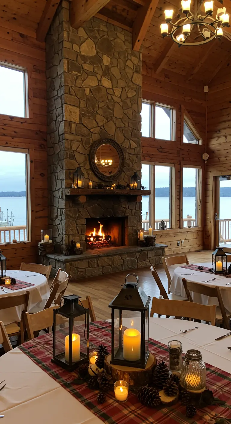 Lodge met open haard, tafels met lantaarns en ruitpatroon.