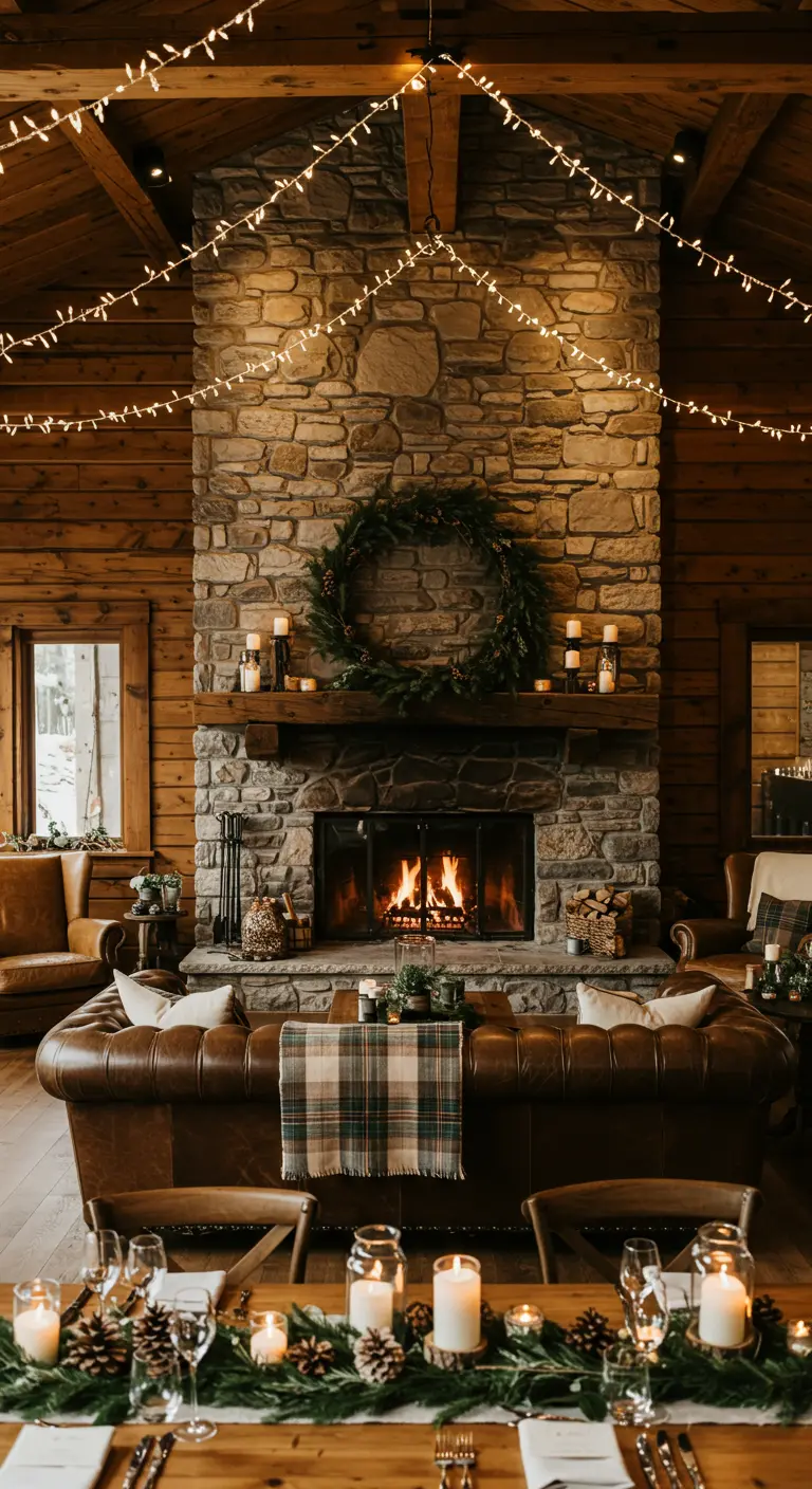 Knusse lodge receptie met brandende openhaard, leren banken en winterse decoraties.