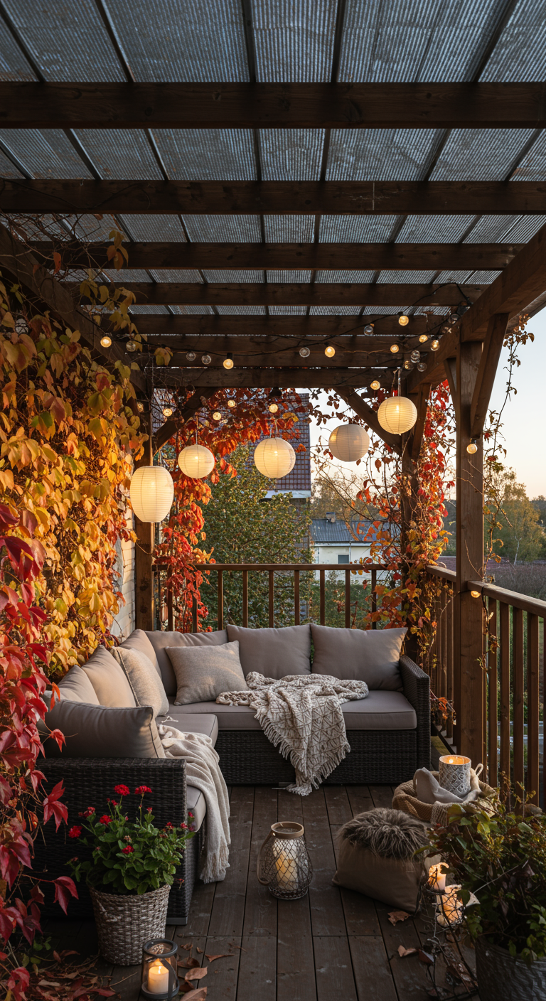Overdekt balkon met loungeset, herfstkleurige klimplanten, lampionnen en kaarsen.