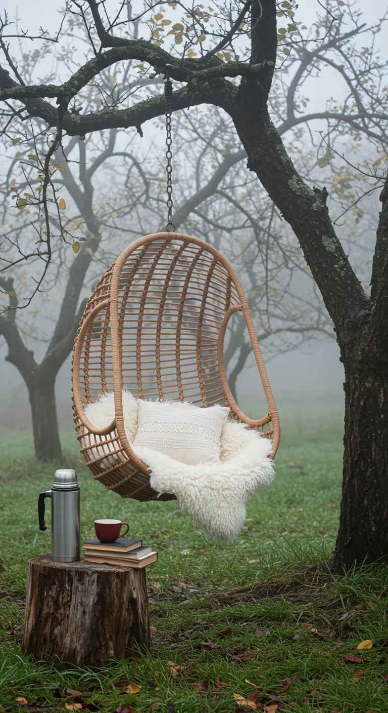 Rieten hangstoel met schapenvacht en plaid, thermoskan en boeken op boomstronk in mistige boomgaard.