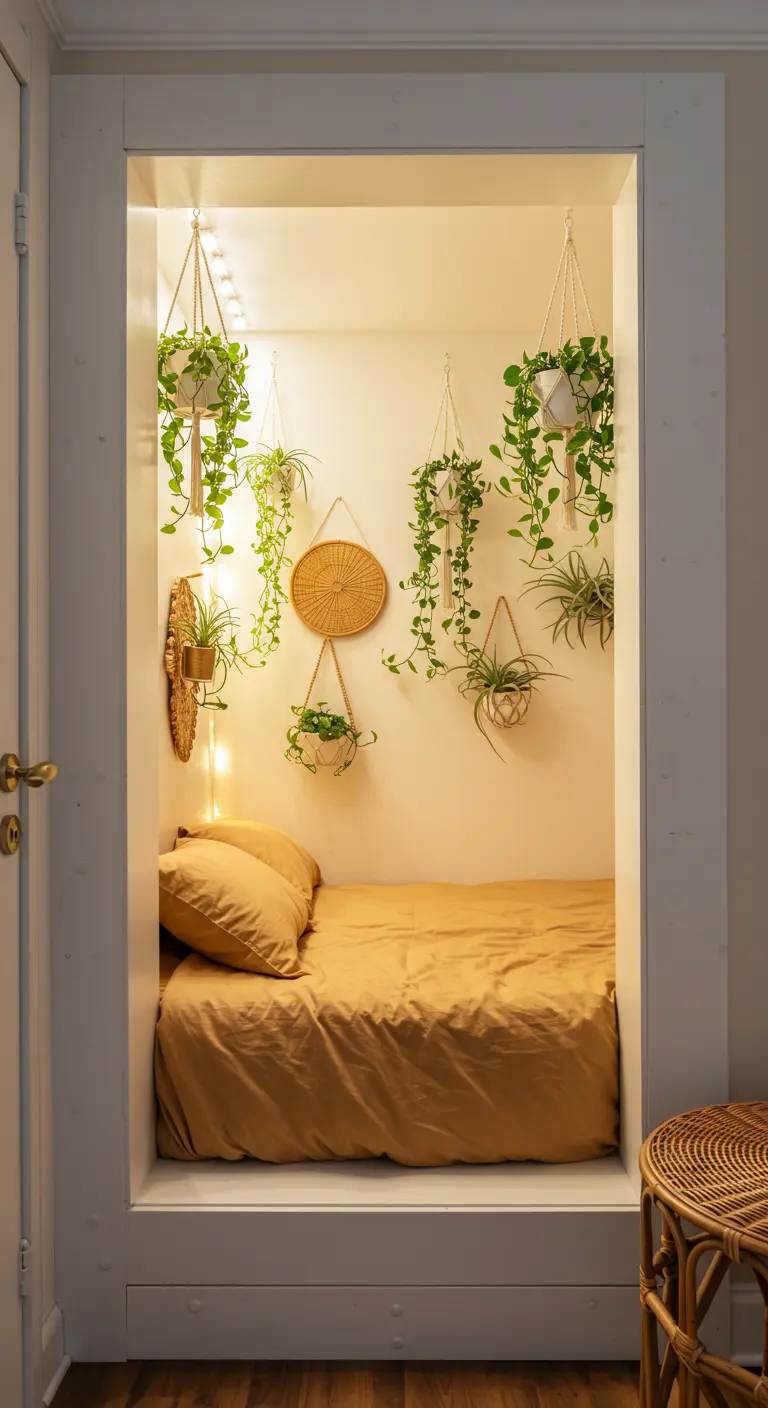 Nis slaapkamer met ingebouwd bed, hangplanten, lichtslingers en een rotan accessoire.