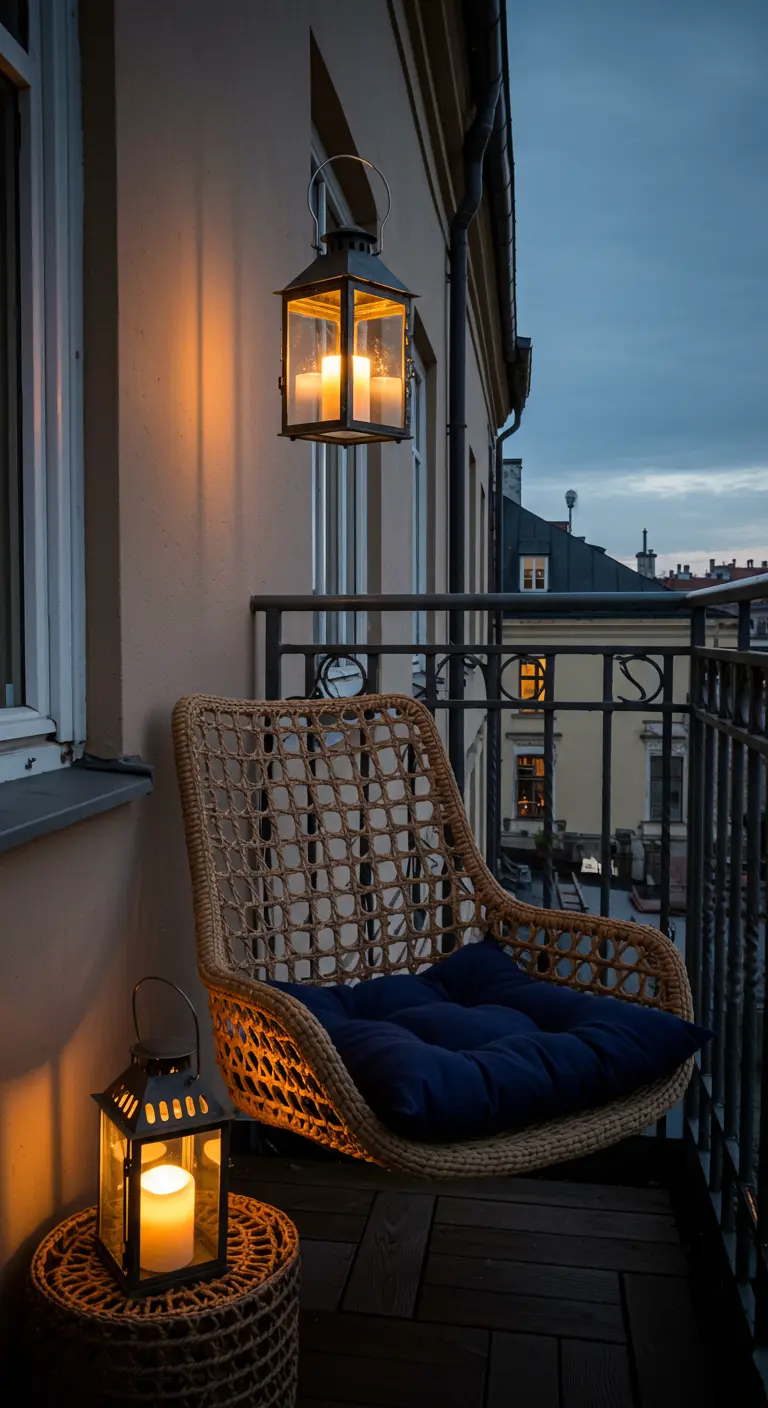 Rotan fauteuil met donkerblauw kussen en lantaarns op een balkon 's avonds.