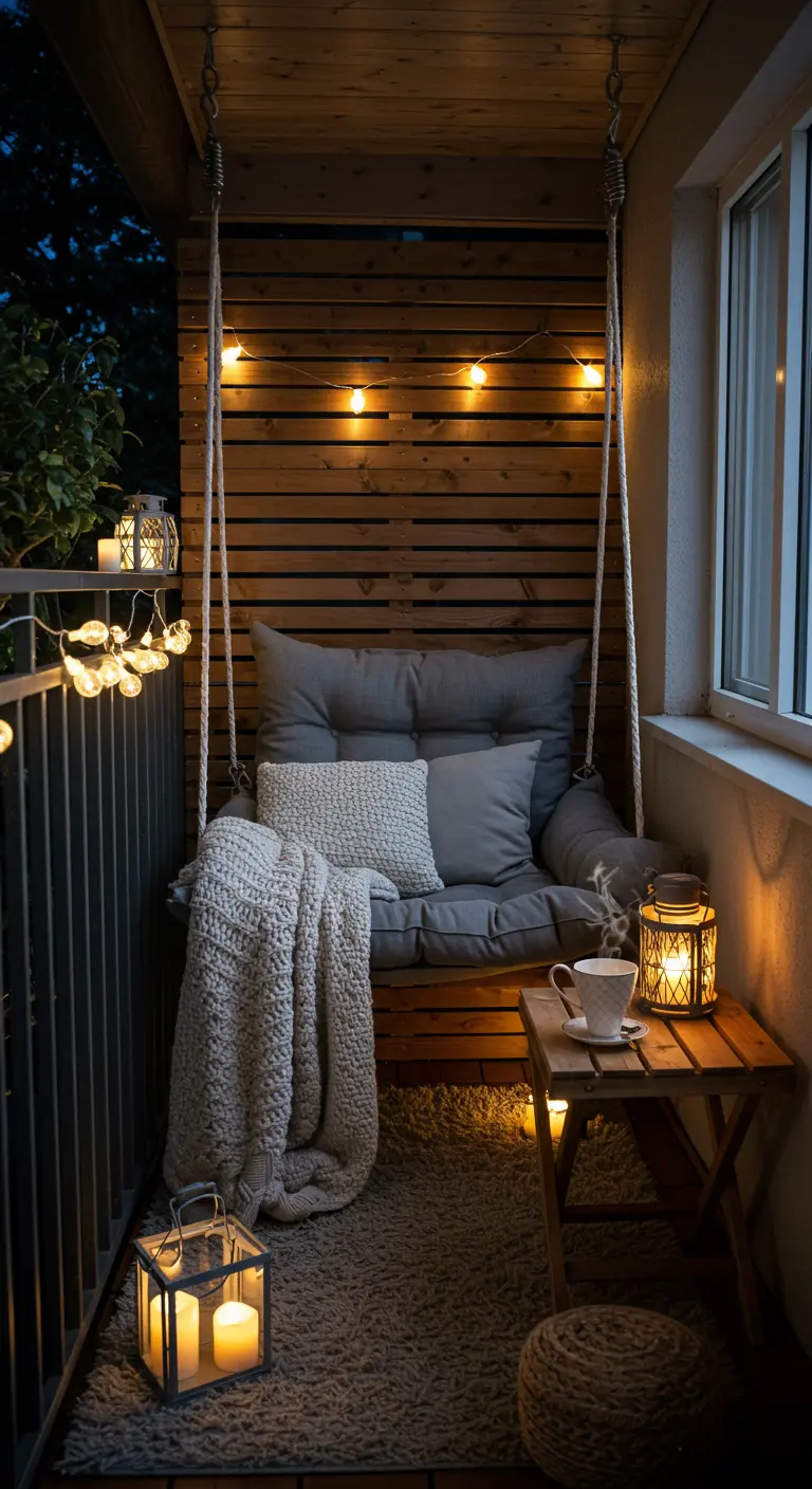 Gezellig balkon met houten schommelbank, grijze kussens, warm deken en sfeerlichtjes.