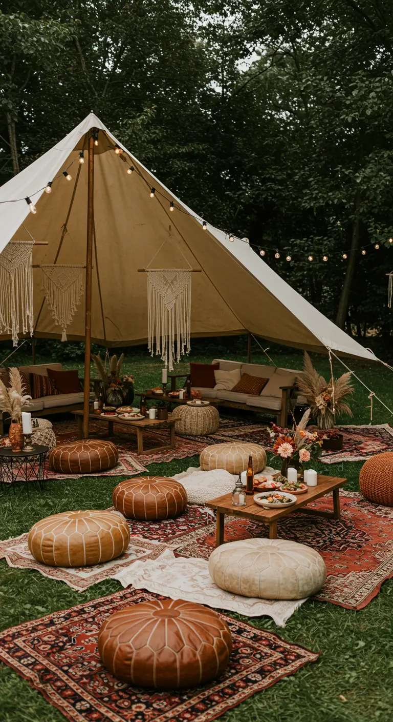Bohemian tent met loungebanken, poefs, vloerkleden en gedroogde bloemen.