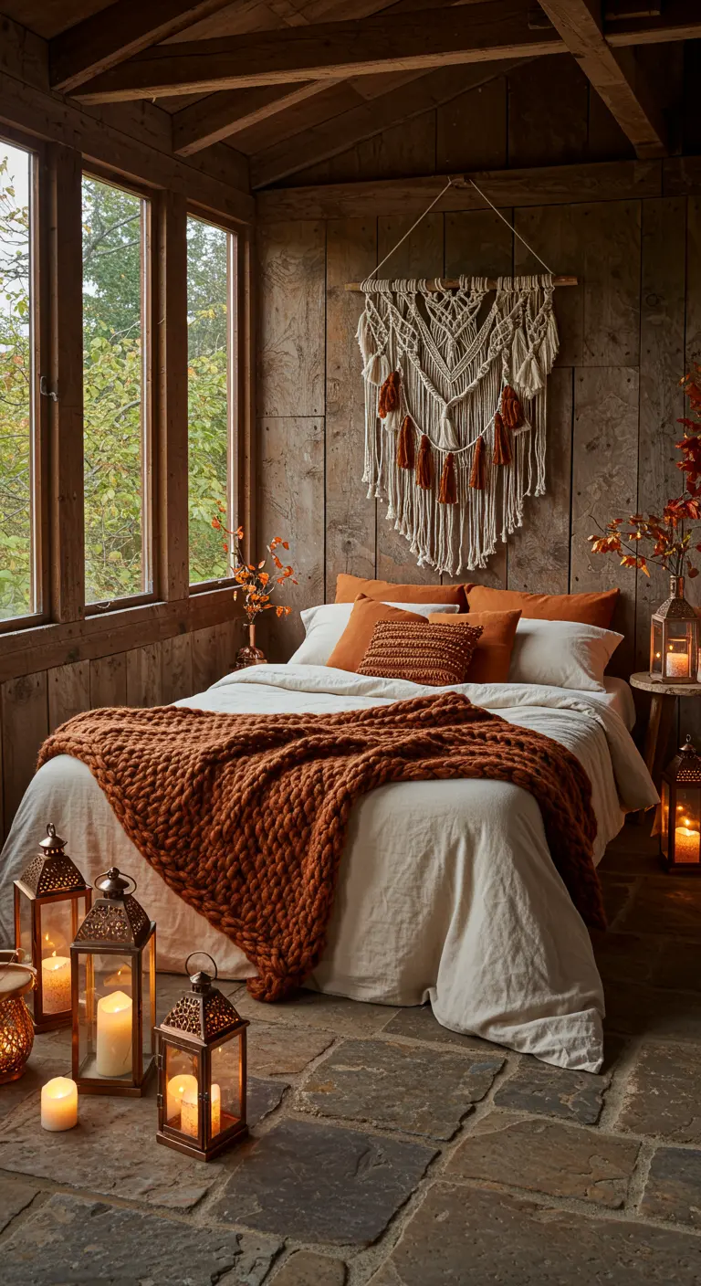 Knusse veranda slaapkamer met houten muren, oranje beddengoed, macramé wandkleed en lantaarns.