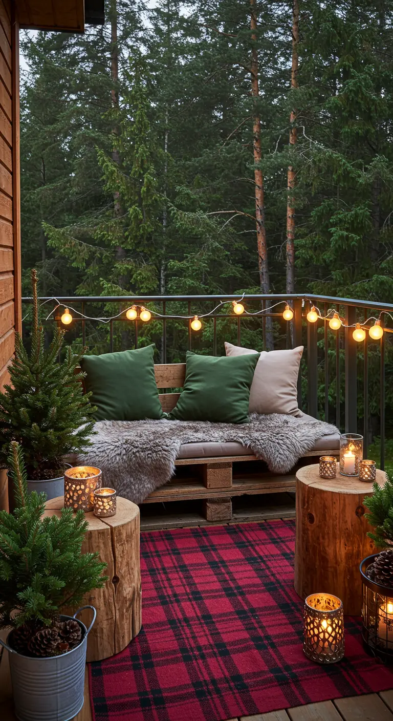 Knus balkon in winterse stijl met palletbank, bont plaid, geruit vloerkleed en kerstdecoratie.