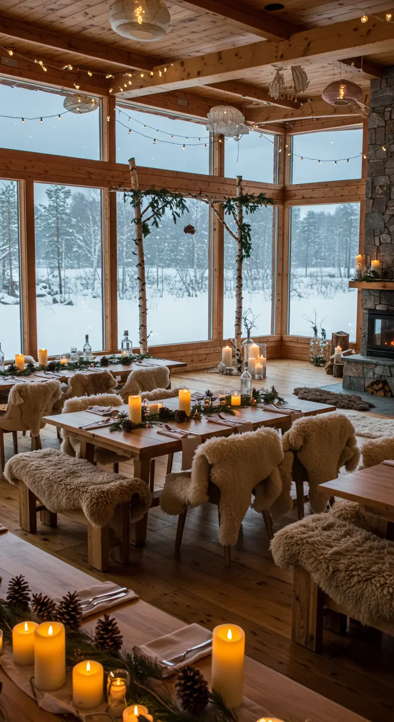 Winterbruiloftlocatie met schapenvachten, kaarsen, groene guirlandes en een haardvuur.