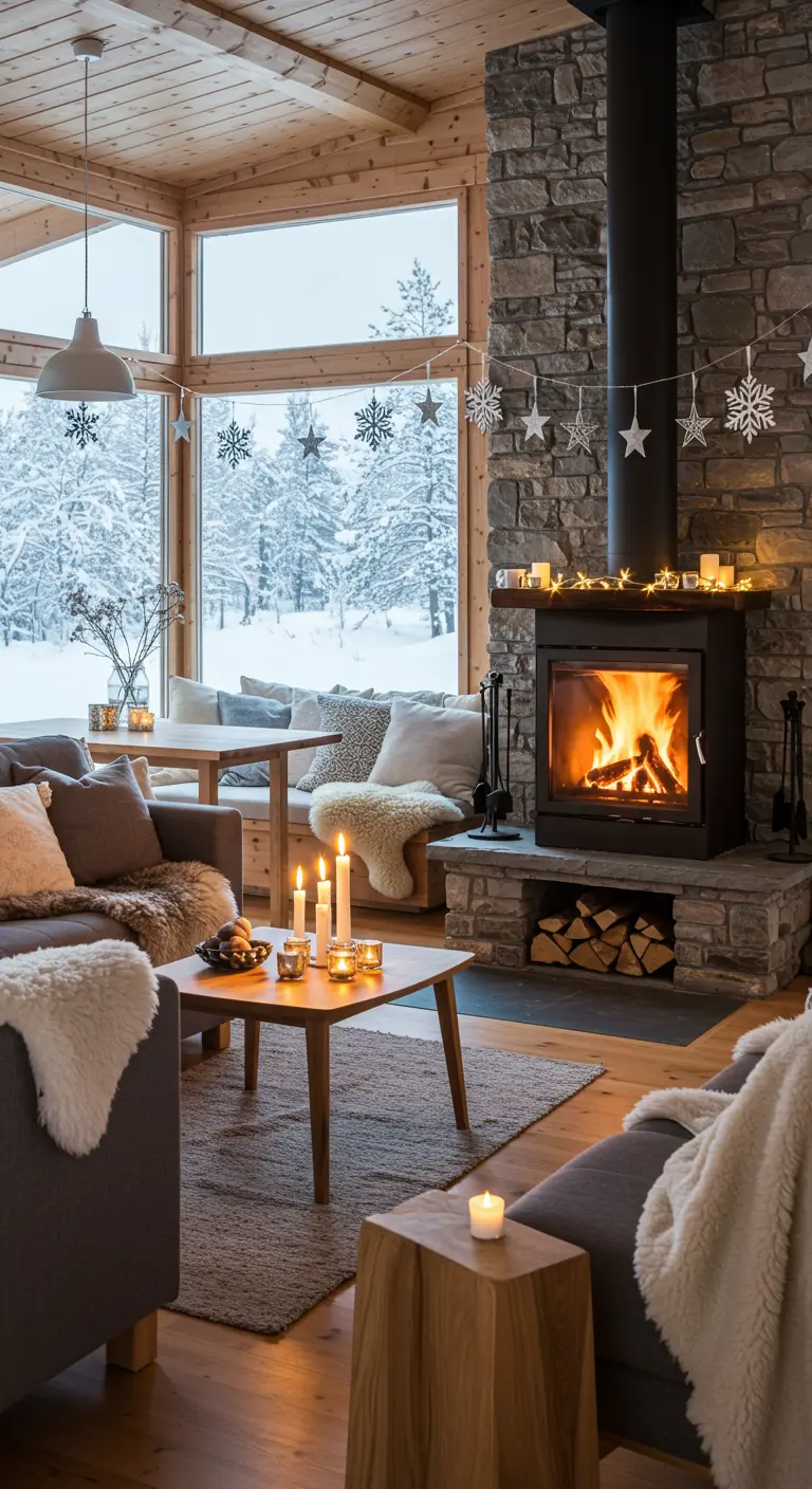 Knusse winterse woonkamer met sterren en sneeuwvlokken slingers bij het raam en open haard.