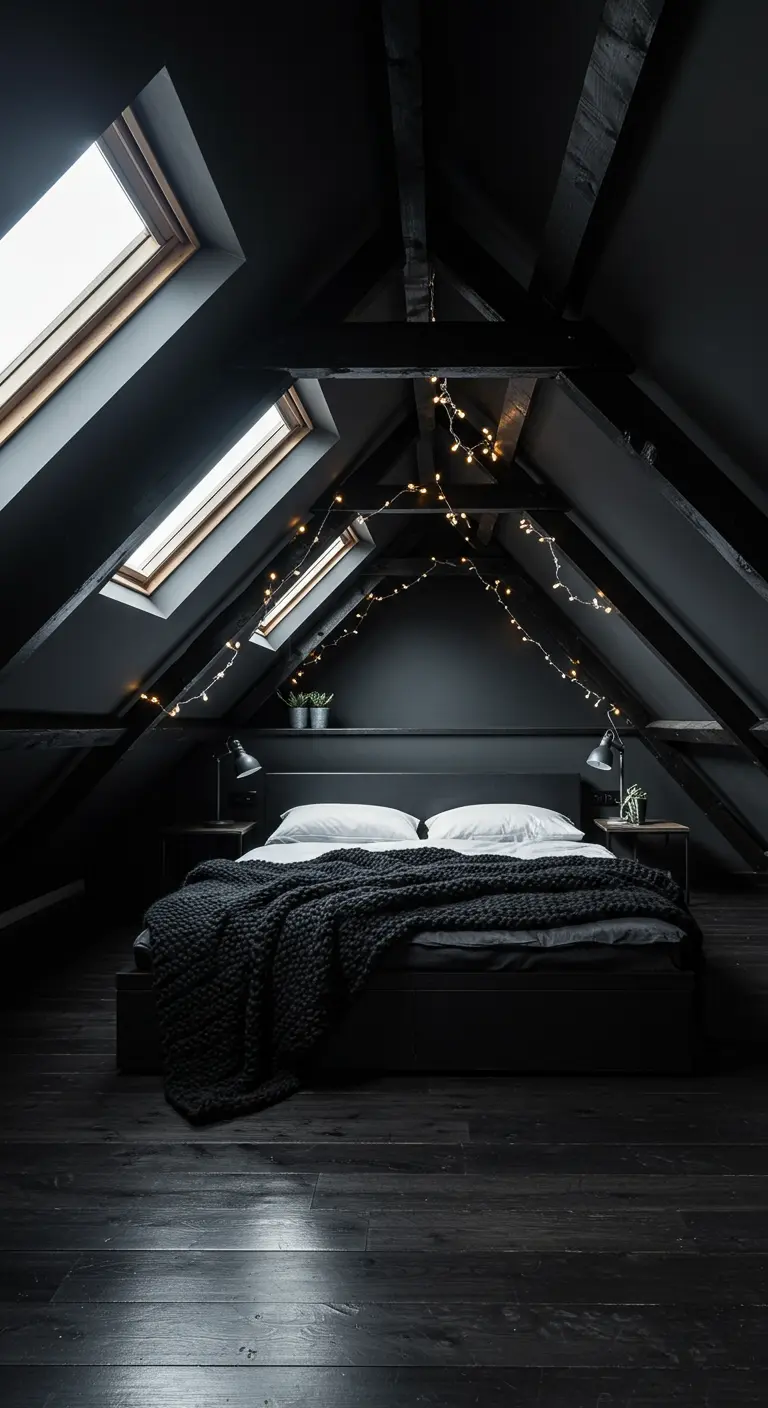 Zwarte zolderkamer met schuine balken, dakramen en sfeervolle lichtslingers boven het bed.