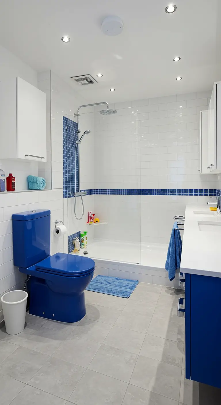Badkamer met kobaltblauw toilet, witte tegels en blauwe accenten.