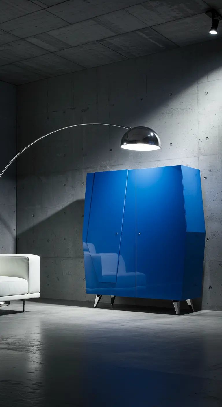Minimalistische ruimte met een felblauwe, geometrisch gevormde kast.