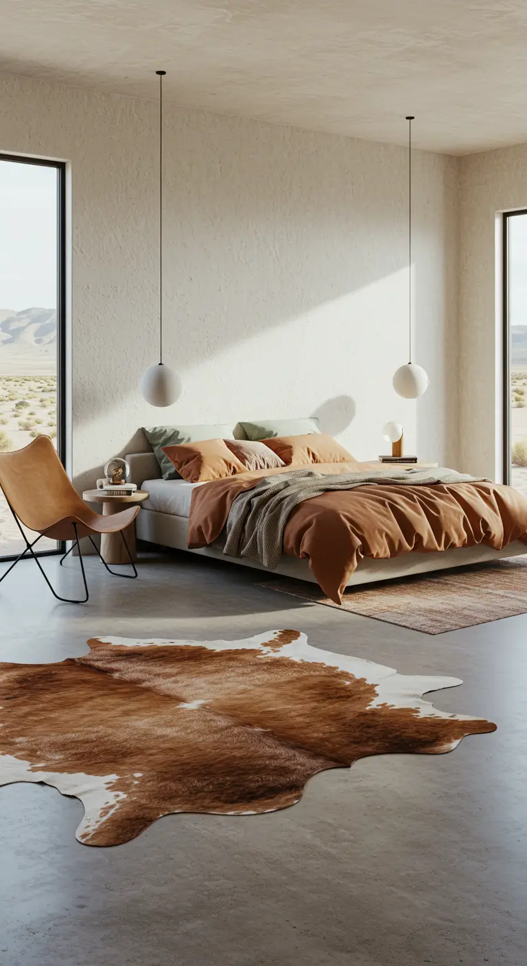 Moderne slaapkamer met koeienhuid vloerkleed, betonnen vloer en leren vlinderstoel.