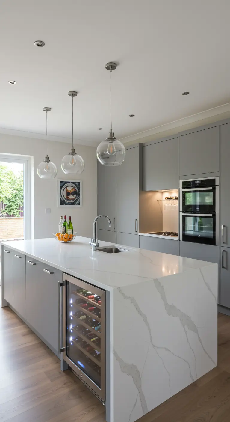 Moderne grijze keuken met wit marmeren kookeiland en ingebouwde wijnklimaatkast.