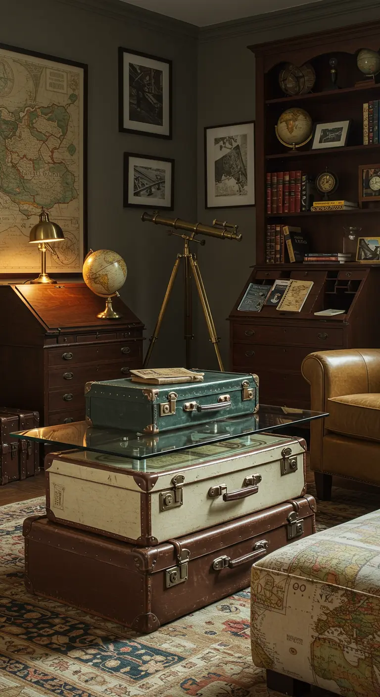 Stapel vintage koffers als salontafel met glasplaat in een studeerkamer.