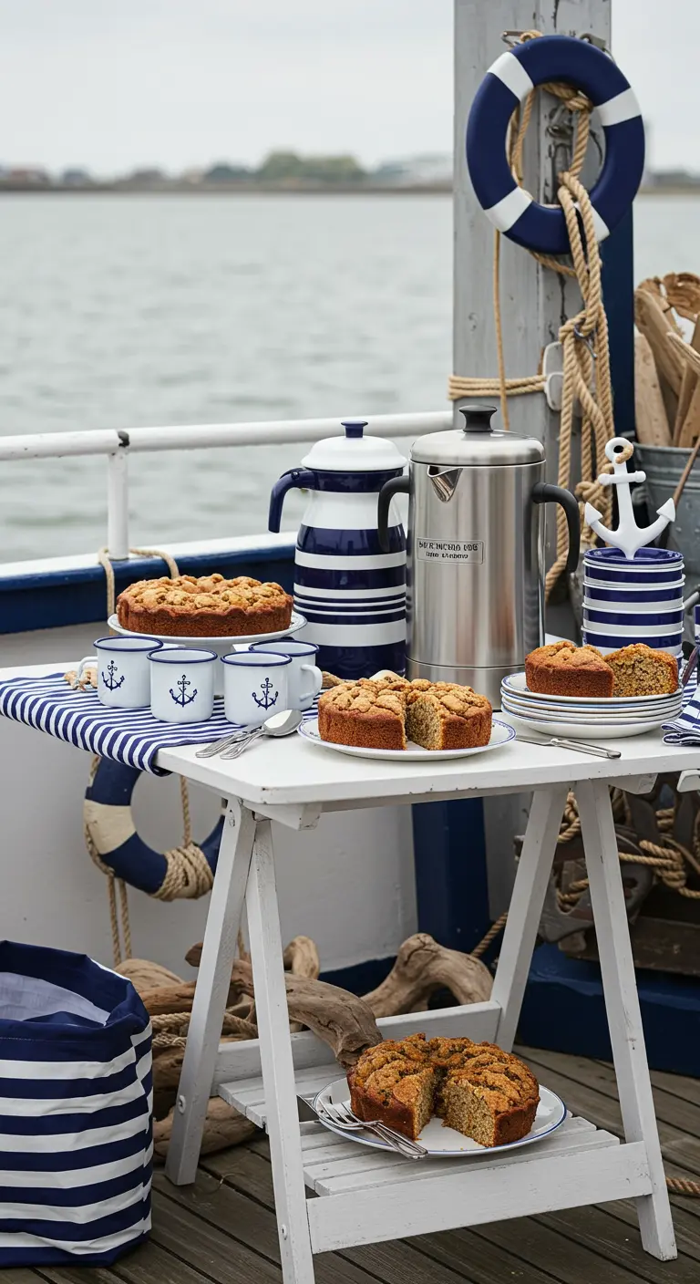 Nautische koffietafel op een boot met gestreept servies en ankerdetails.