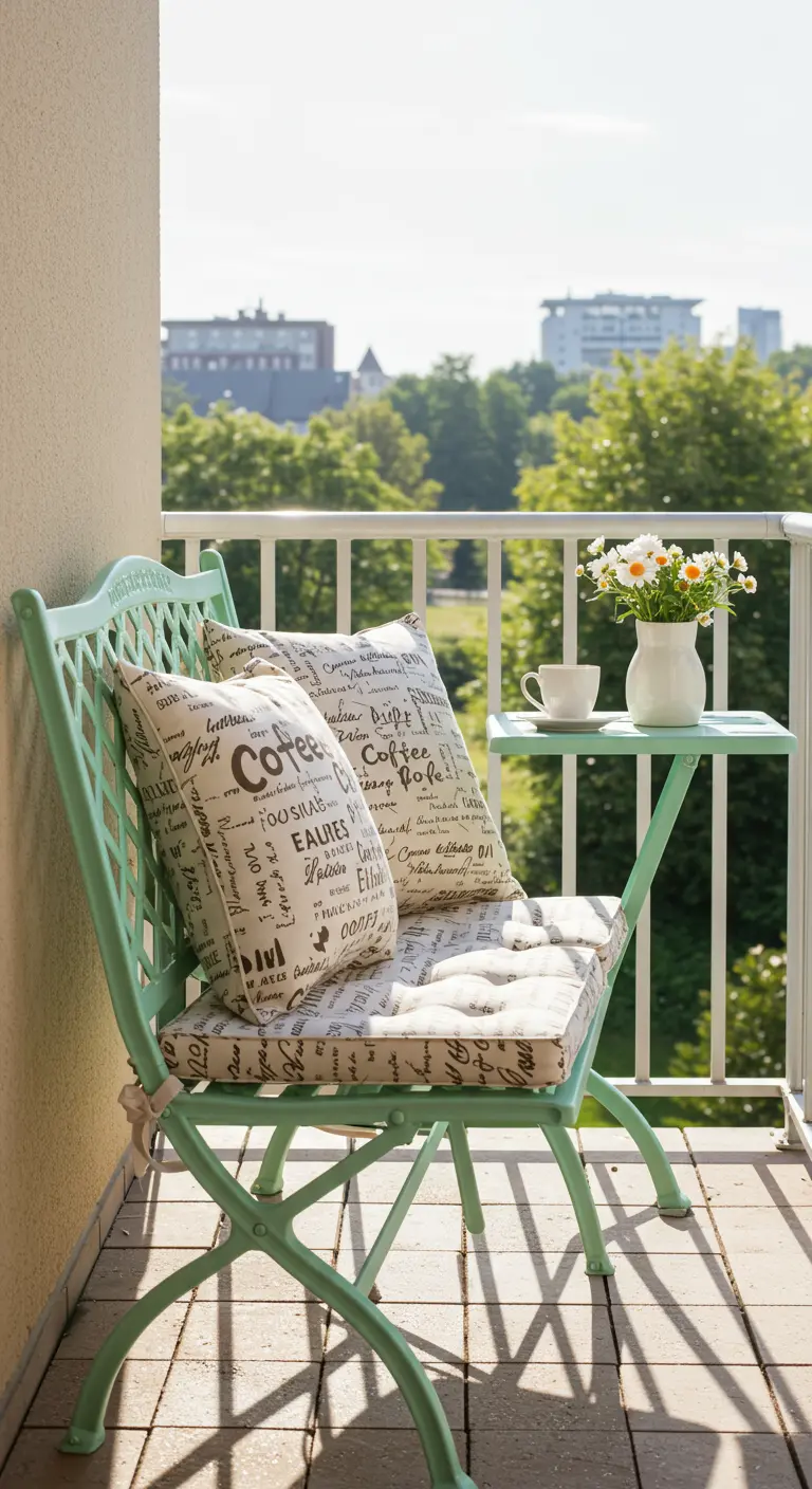 Mintgroen bistrobankje op balkon met koffieprint kussens en koffiekopje.