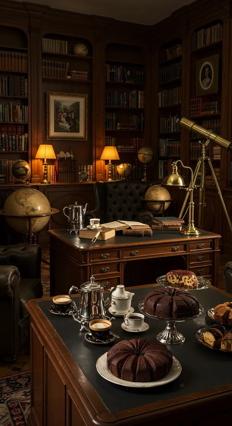 Statige studeerkamer met donker hout, globes, koffie en klassieke cakes.