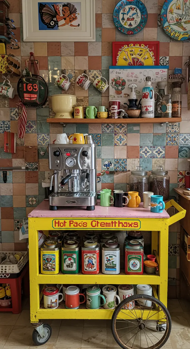 Felgele keukentrolley als koffiestation met espressomachine en kleurrijke mokken in een eclectische keuken.