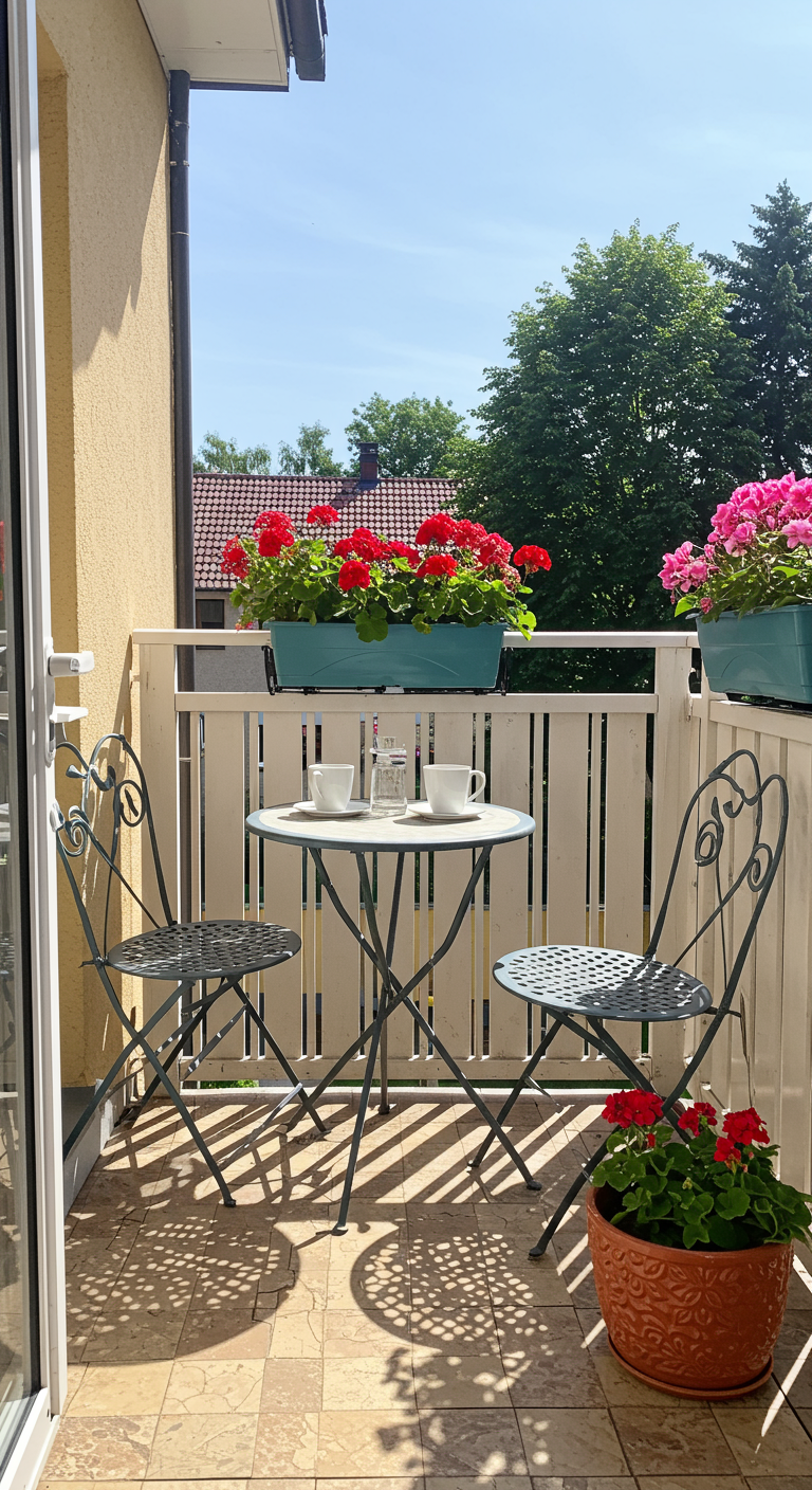 Klein zonnig balkon met metalen bistrosetje en bloembakken met rode geraniums aan de reling.