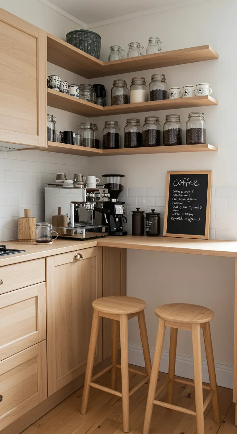 Scandinavische koffiehoek met houten planken en schoolbord.