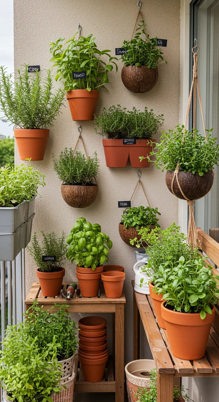 Verticale kruidentuin op balkon met planten in terracotta en kokosnoot potten.