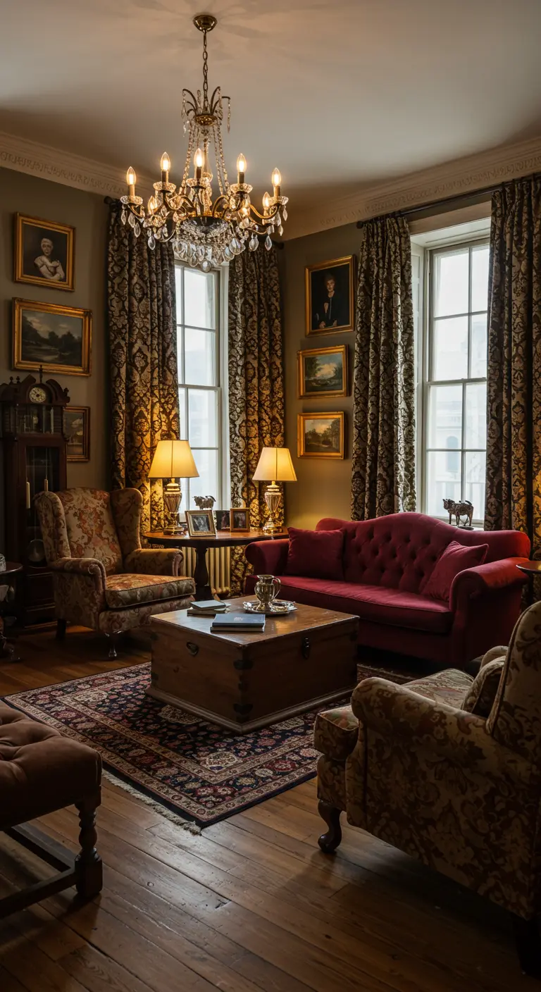 Klassieke woonkamer in koloniale stijl met donker hout en antieke schilderijen.