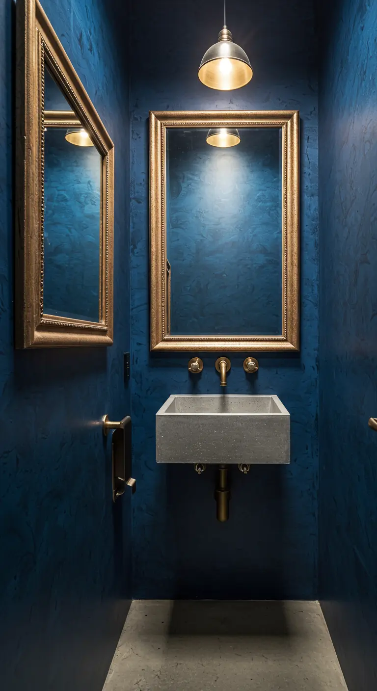 Kleine badkamer met diepblauwe getextureerde muren en gouden accenten.