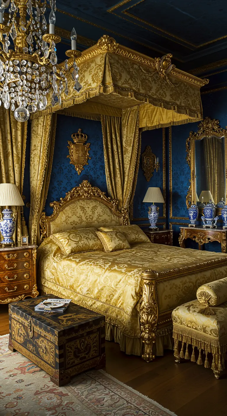 Luxueuze slaapkamer in koningsblauw en goud met een weelderig hemelbed en antieke details.