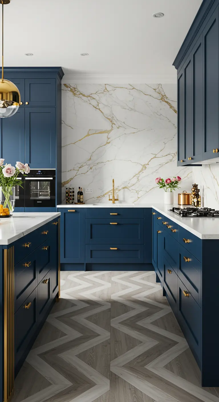 Luxe keuken met diepblauwe kasten en witte marmeren achterwand met gouden aders.