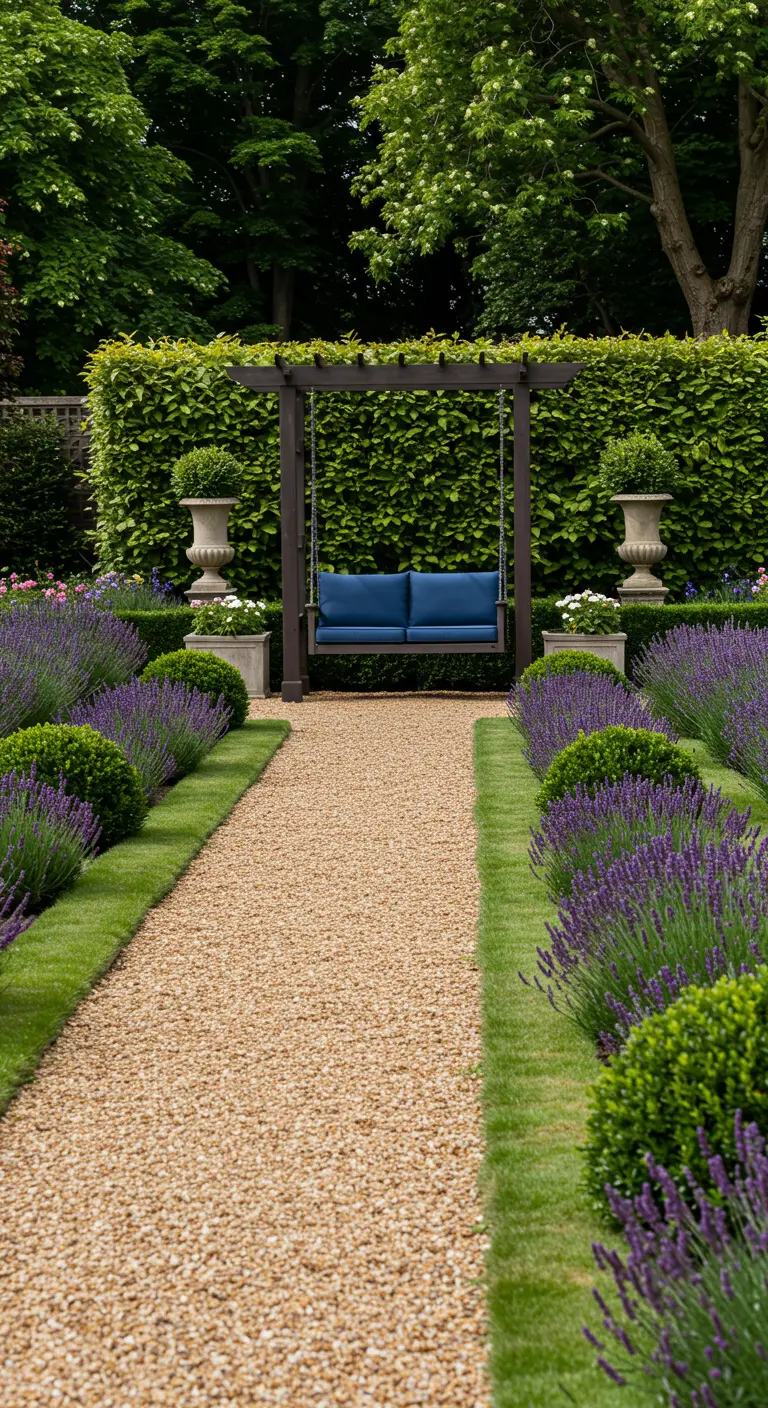 Donkerhouten schommelbank met marineblauwe kussens in een formele tuin met lavendel en grindpaden.