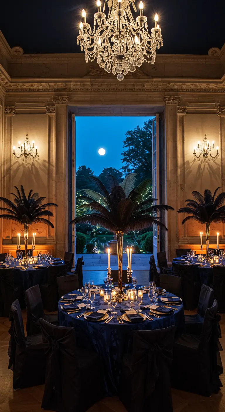 Elegante avondbruiloft receptie met donkerblauwe tafelkleden en grote kroonluchter.