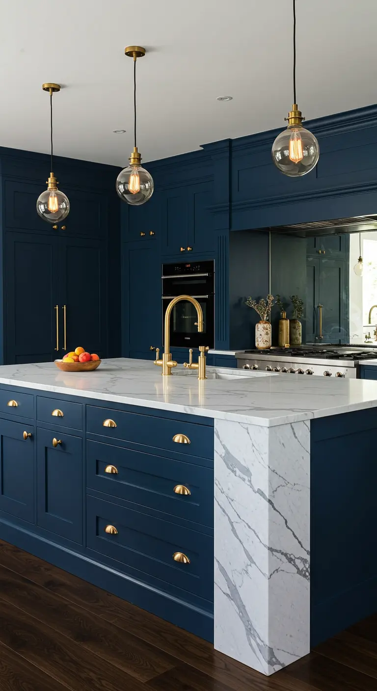 Diepblauwe keuken met wit marmeren eiland en gouden accenten.