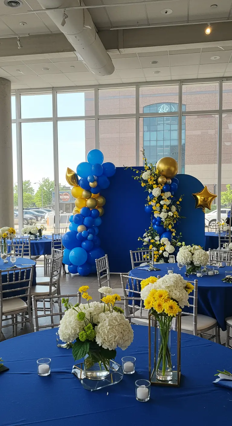 Moderne feestdecoratie met blauwe en gouden ballonnen, witte en gele bloemen.