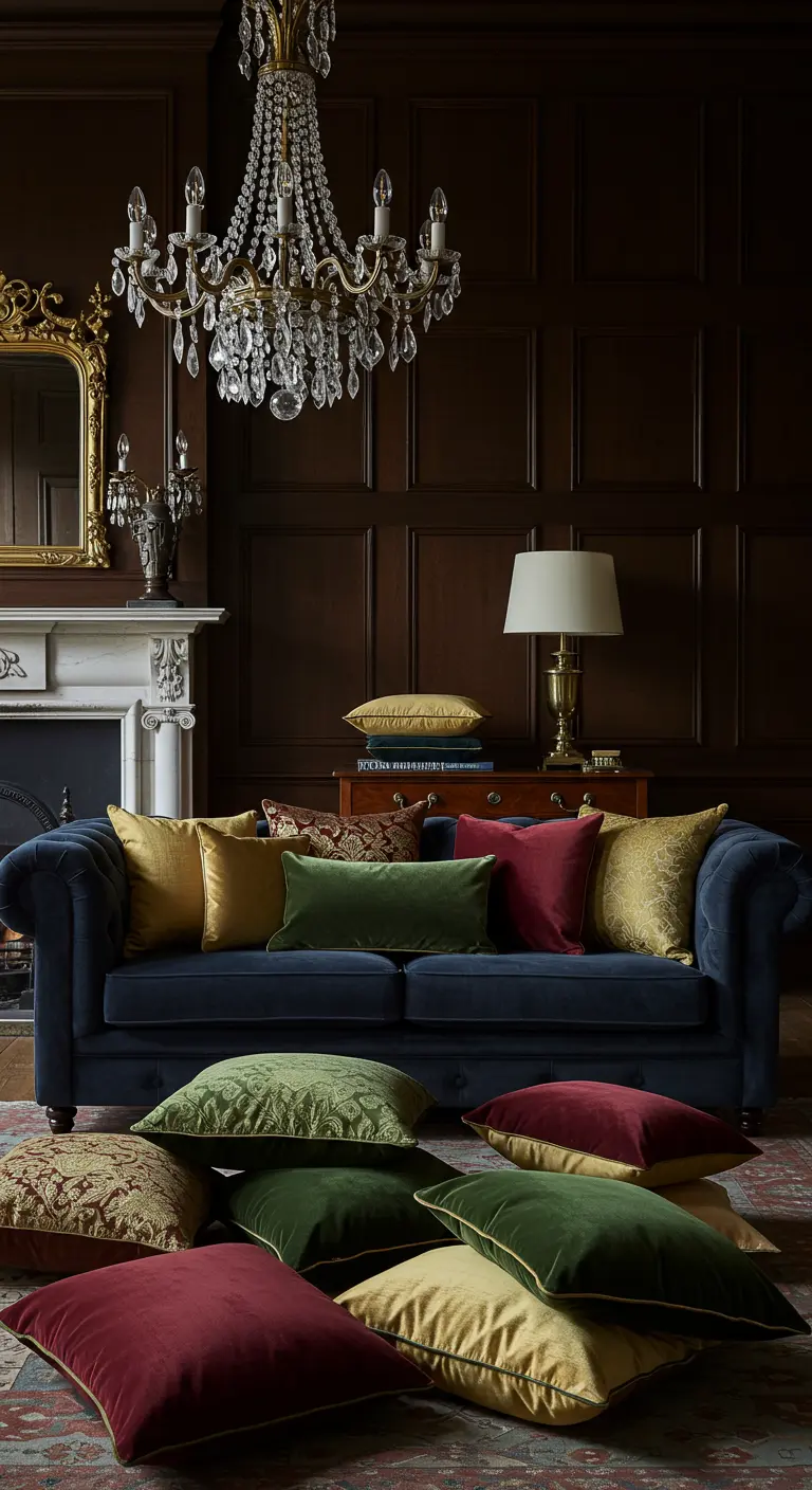 Donkerblauwe fluwelen bank met bordeauxrode, gouden en groene fluwelen kussens in een luxe kamer.