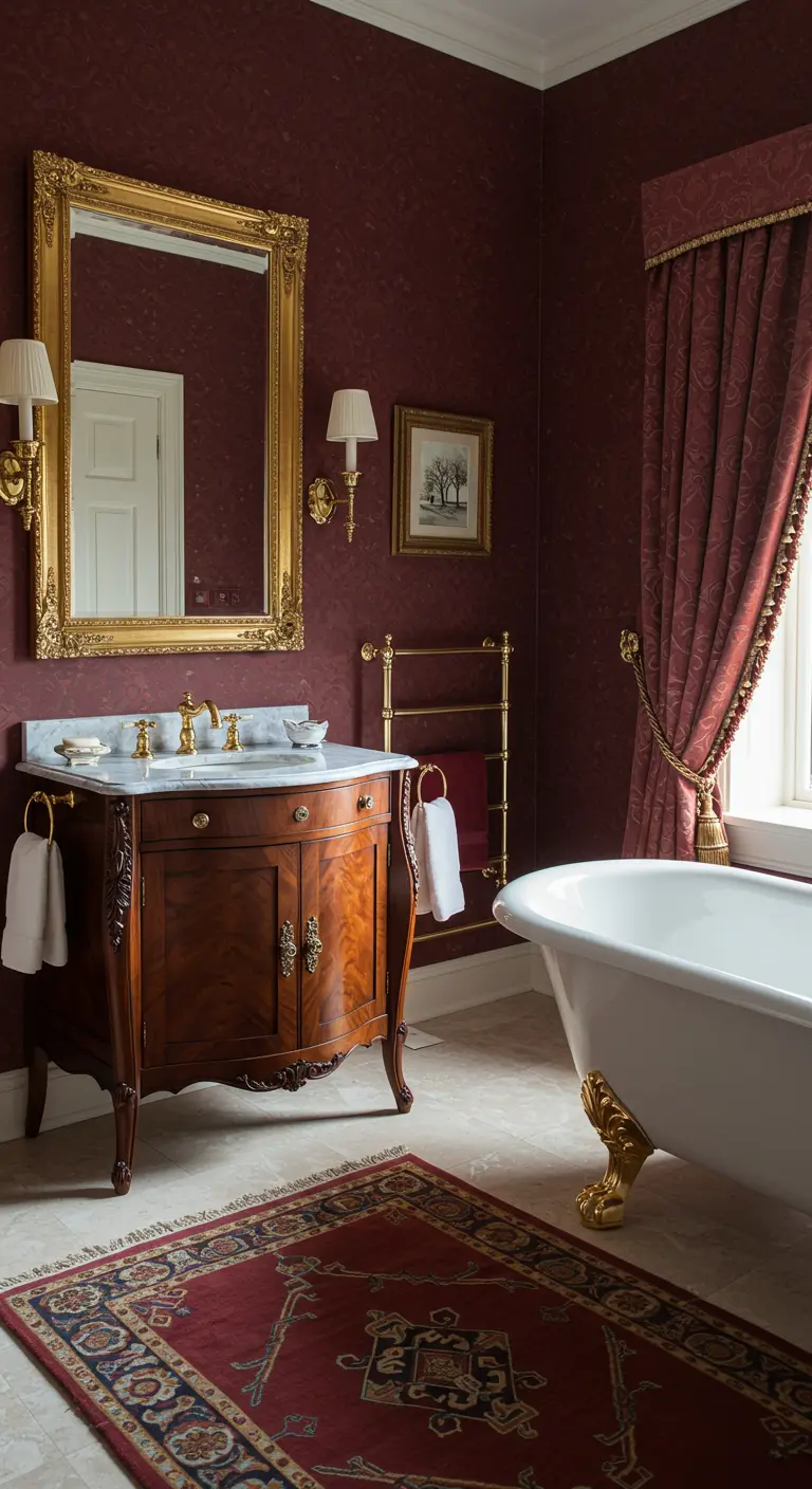 Klassieke badkamer met dieprode muren, mahoniehouten meubel, gouden spiegel en Perzisch tapijt.