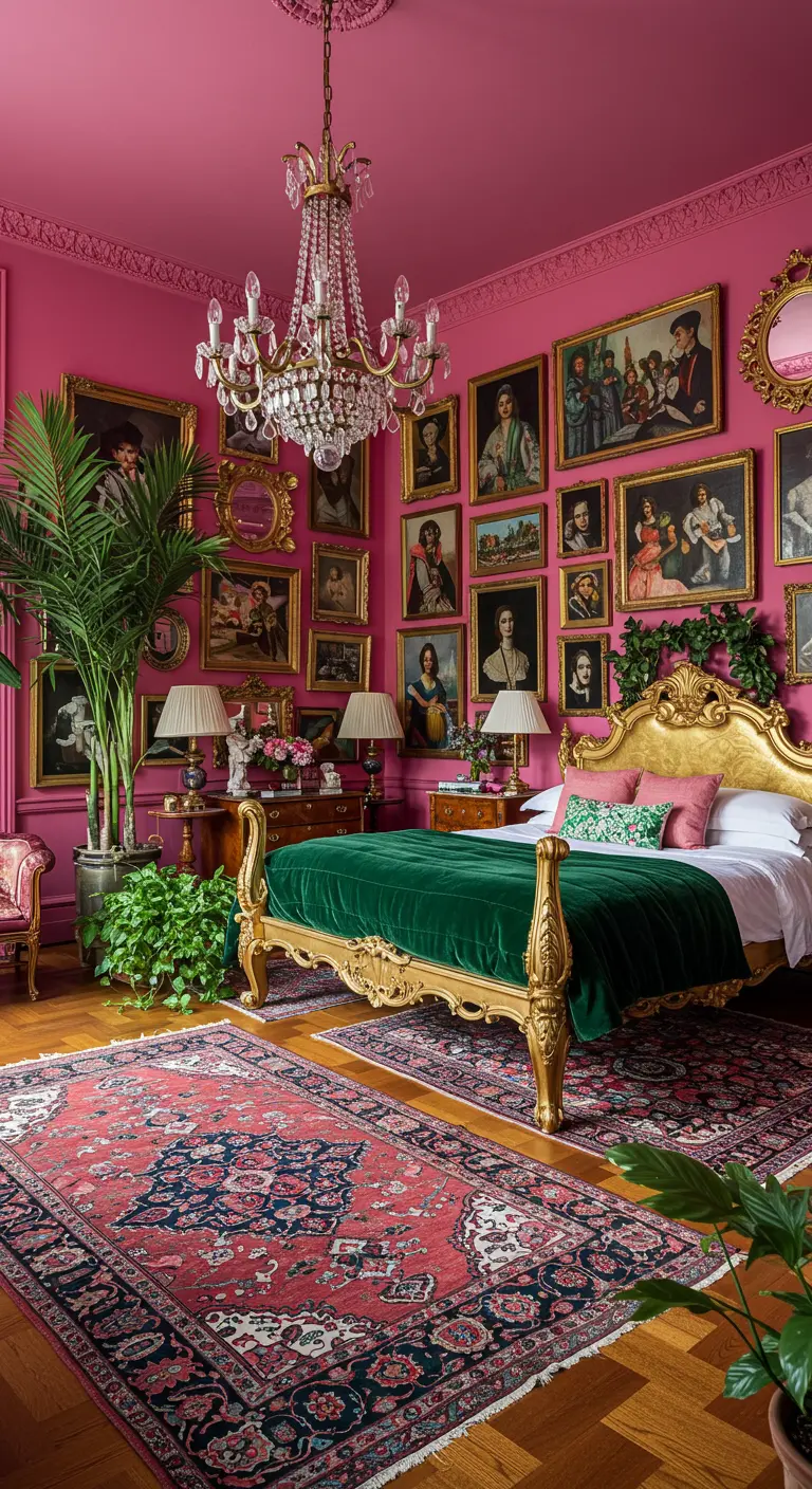 Roze slaapkamer met gouden bed, groene sprei, en een muur vol kunst in gouden lijsten.
